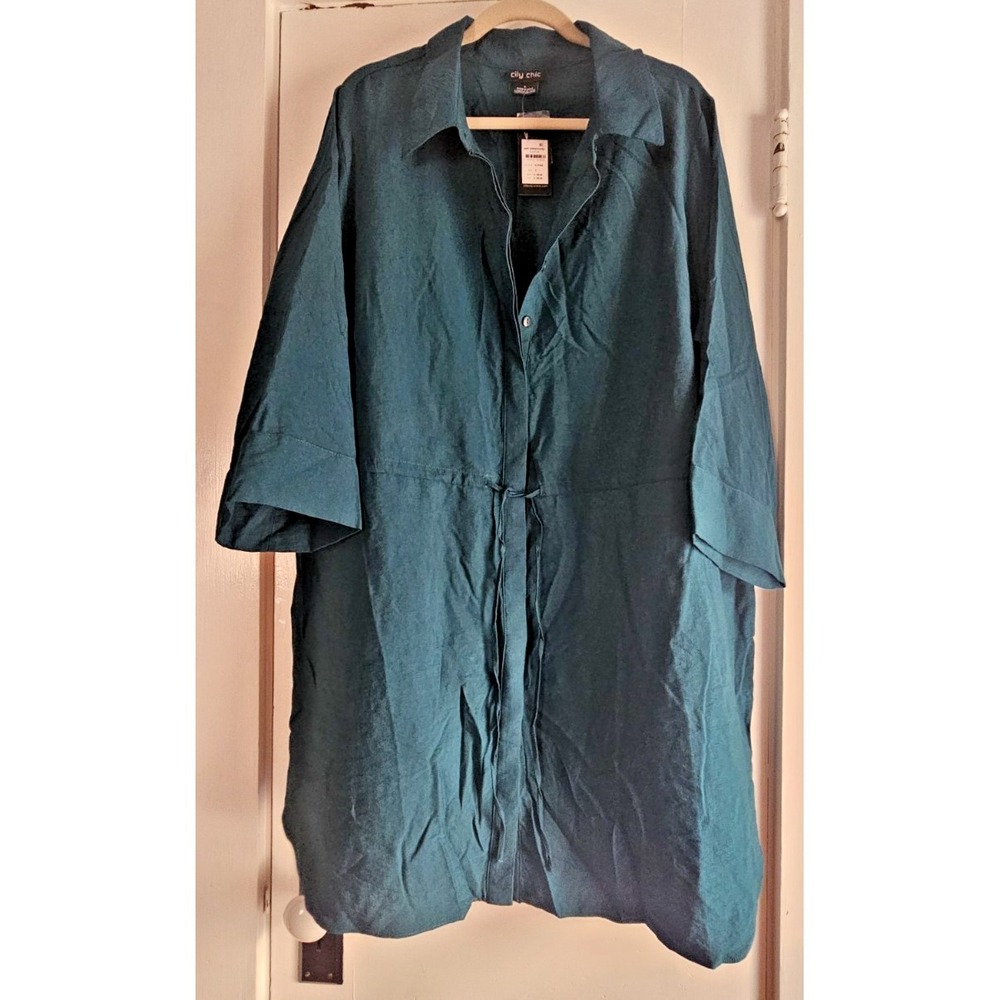 NWT city chic woman L green waist cinching drawcord 3/4 sleeve shirt dress